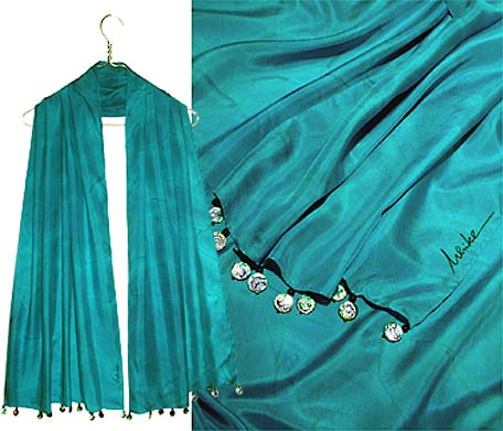 Silk scarf in deep sea colors with abalone drops on hem.