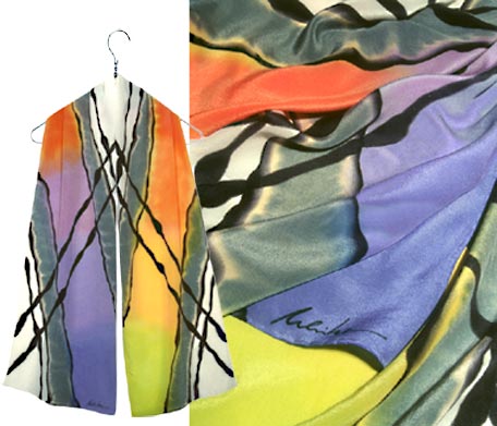 Ulrike Silk scarf with criss crossing bold lines in all spring colors, black lines.