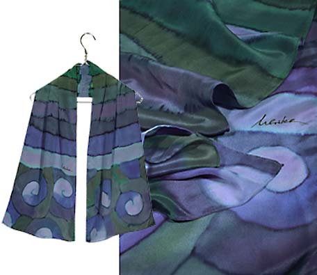 Ulrike Silk scarf with swirls and stripes in blue.