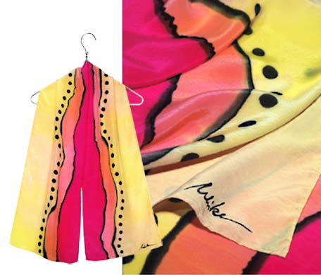 Ulrike Silk scarf painted in brilliant yellow and fuchsia with black lines and dots