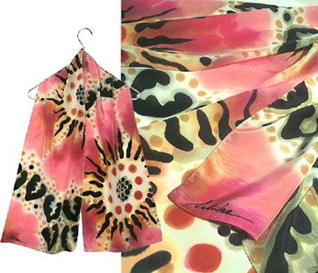 Ulrike Silk scarf adorned with large fantasy flowers and black leaves.